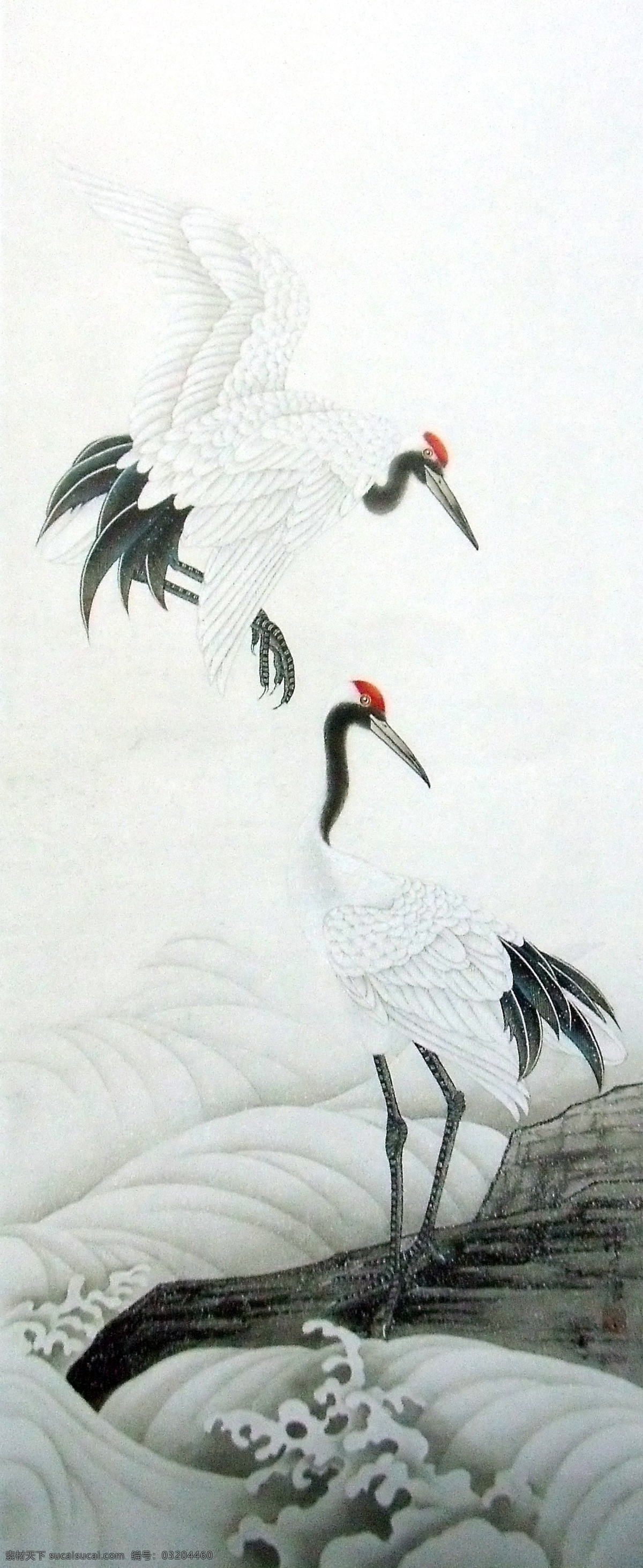 丹顶鹤 野生动物 鹤 山石 水花 黑红搭配 国画工笔画 美术国画 水墨画 彩墨画 绘画书法 文化艺术 中国工笔画