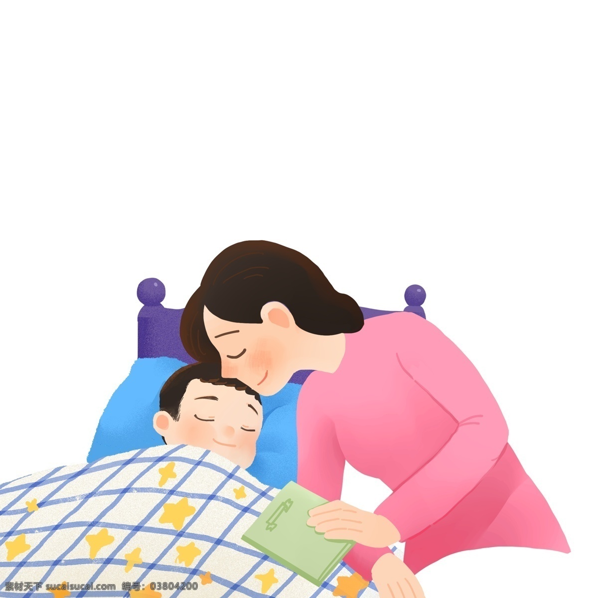 哄 孩子 睡觉 妈妈 卡通 亲吻 额头 睡 前 讲故事 母亲节 妇女节 手绘卡通母子