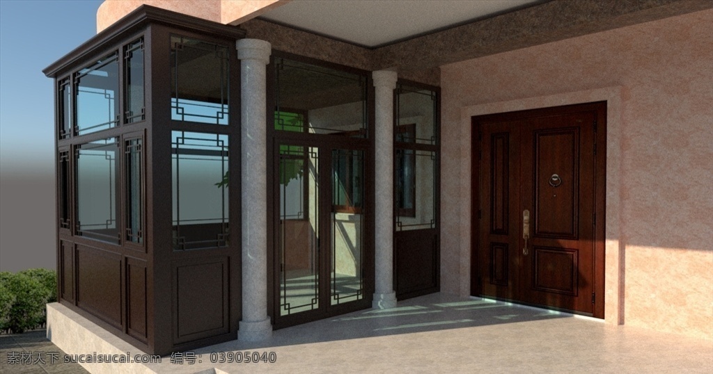 门厅 中式 阳光房 效果图 模型 新中式 中式窗 铝合金 建筑 3d设计 室外模型