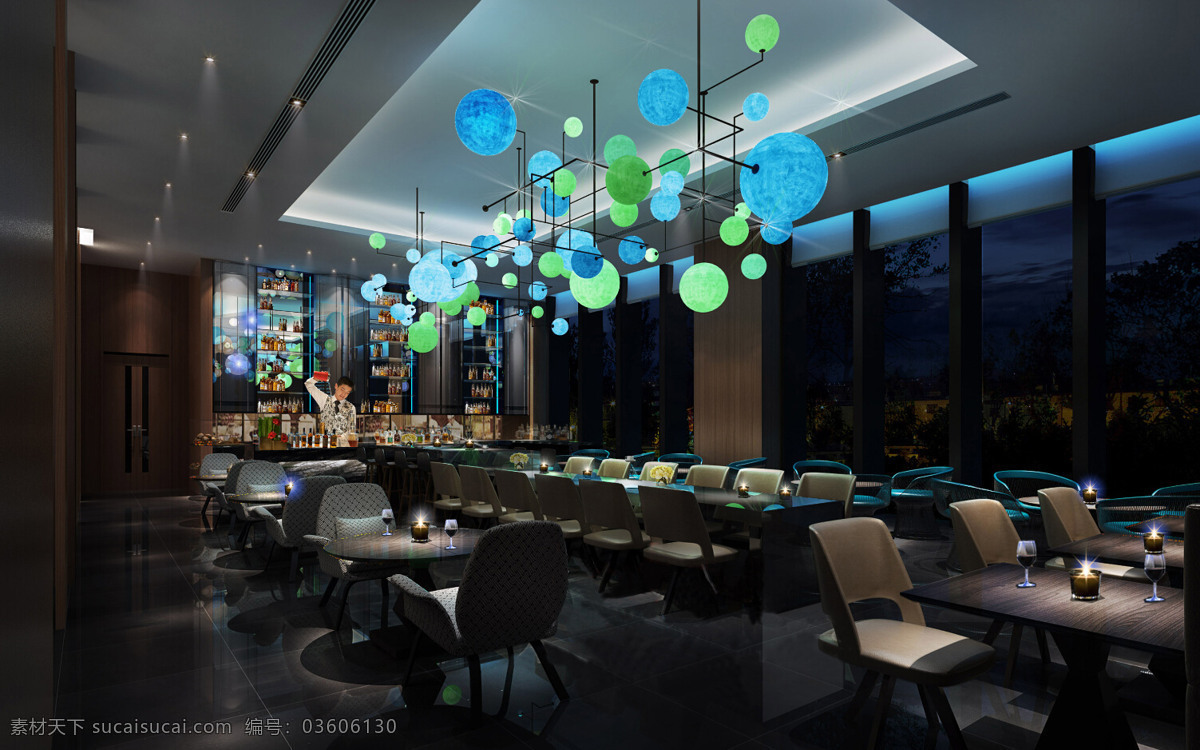 个性化 酒店 餐厅 装修 效果图 蓝色 不规则 吊灯 方形吊顶 蓝色灯光 餐桌