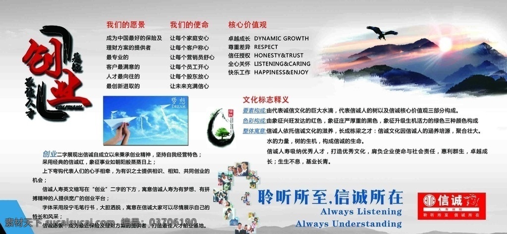 企业展板 公司展板 企业愿景 企业使命 核心价值观 企业文化 释义 信诚人寿 信诚保险 山水墨 展板模板