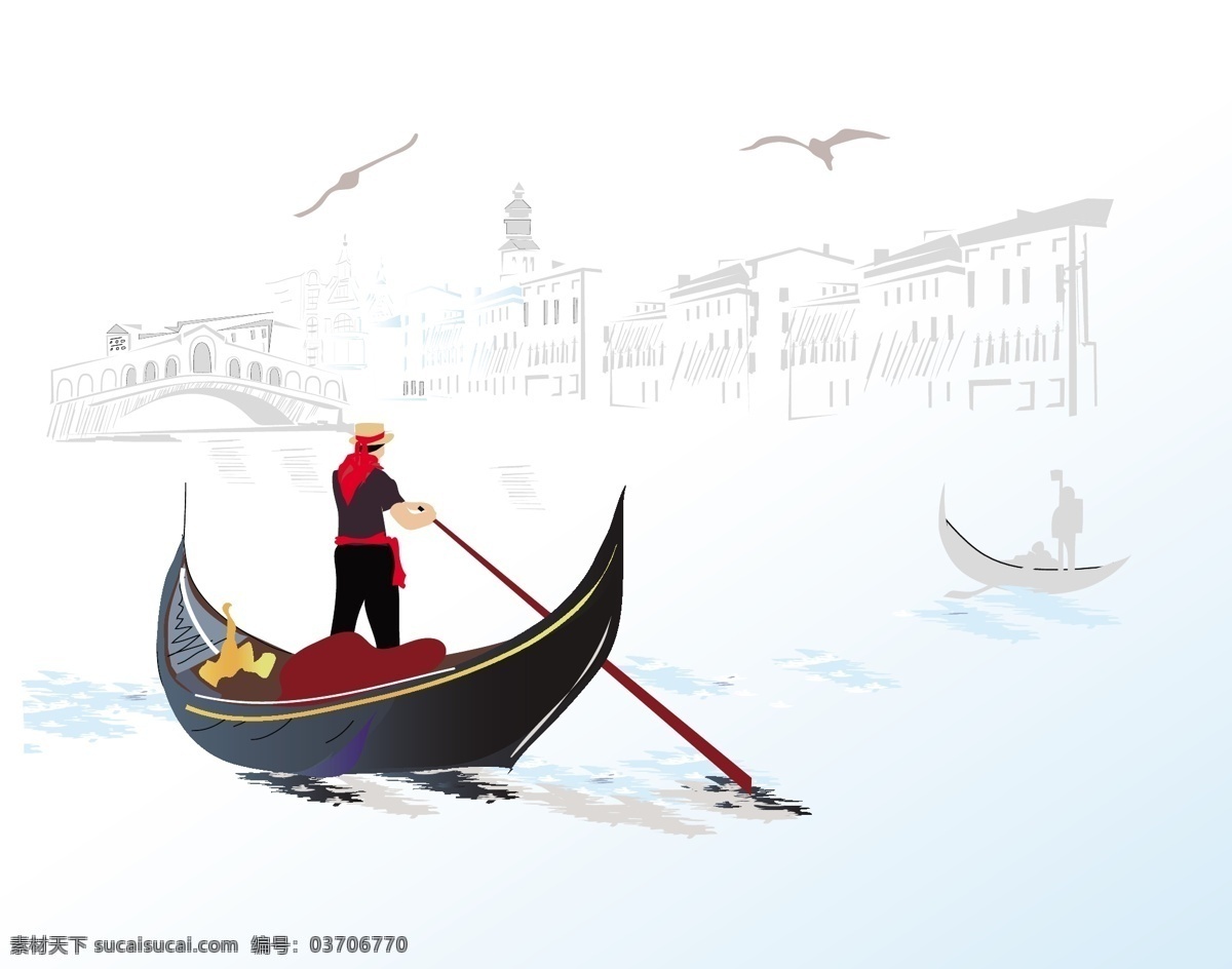 威尼斯水城 风景插画 风景写生 印花图案 底纹边框 矢量素材 白色