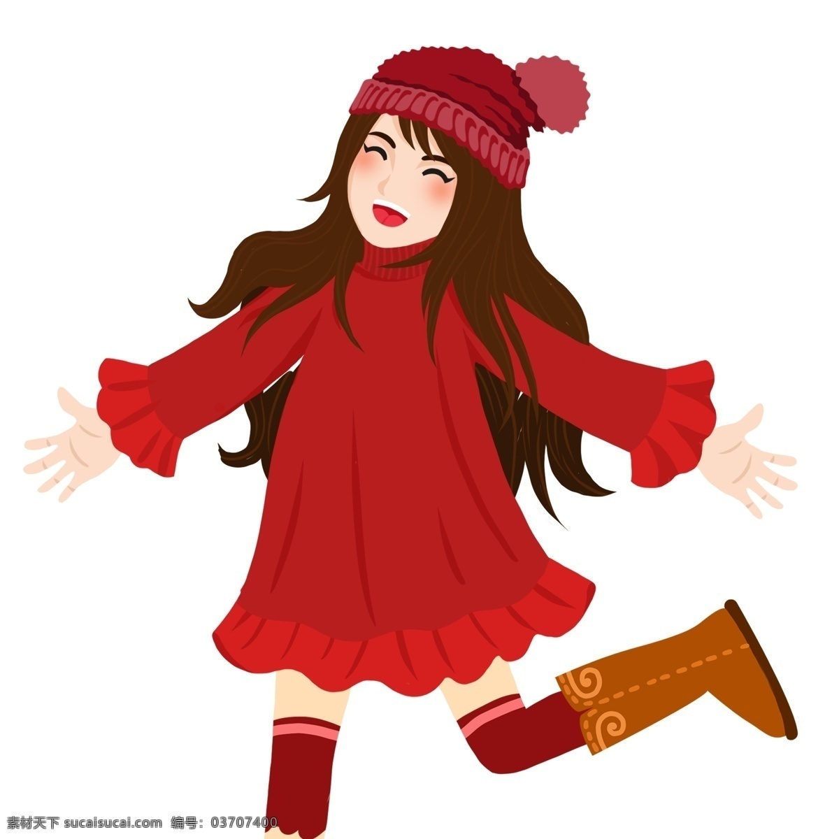 开心 大笑 女孩 人物 商用 元素 卡通 扁平化 插画 红衣 少女 冬季素材