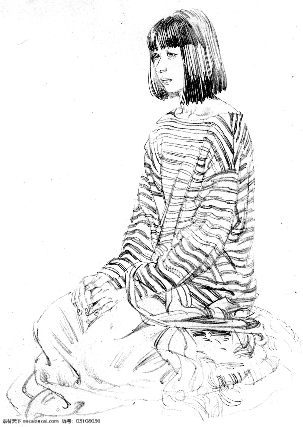 何家英手稿 中国 画家 何家英 素描 手稿 侧坐 刘海 凝望 少女 绘画书法 文化艺术