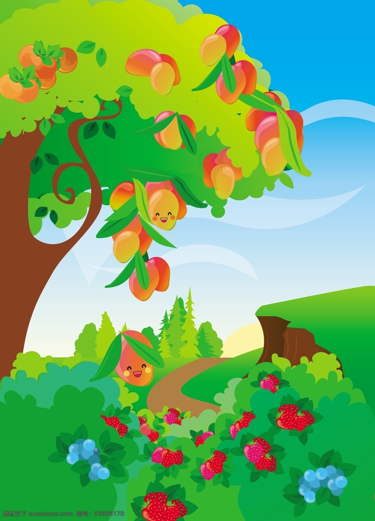 草莓 儿童 卡通 蓝莓 芒果 矢量素材 树 水果 自然风景 卡 通水 果树 风景 图 矢量 模板下载 自然景观 矢量图 日常生活