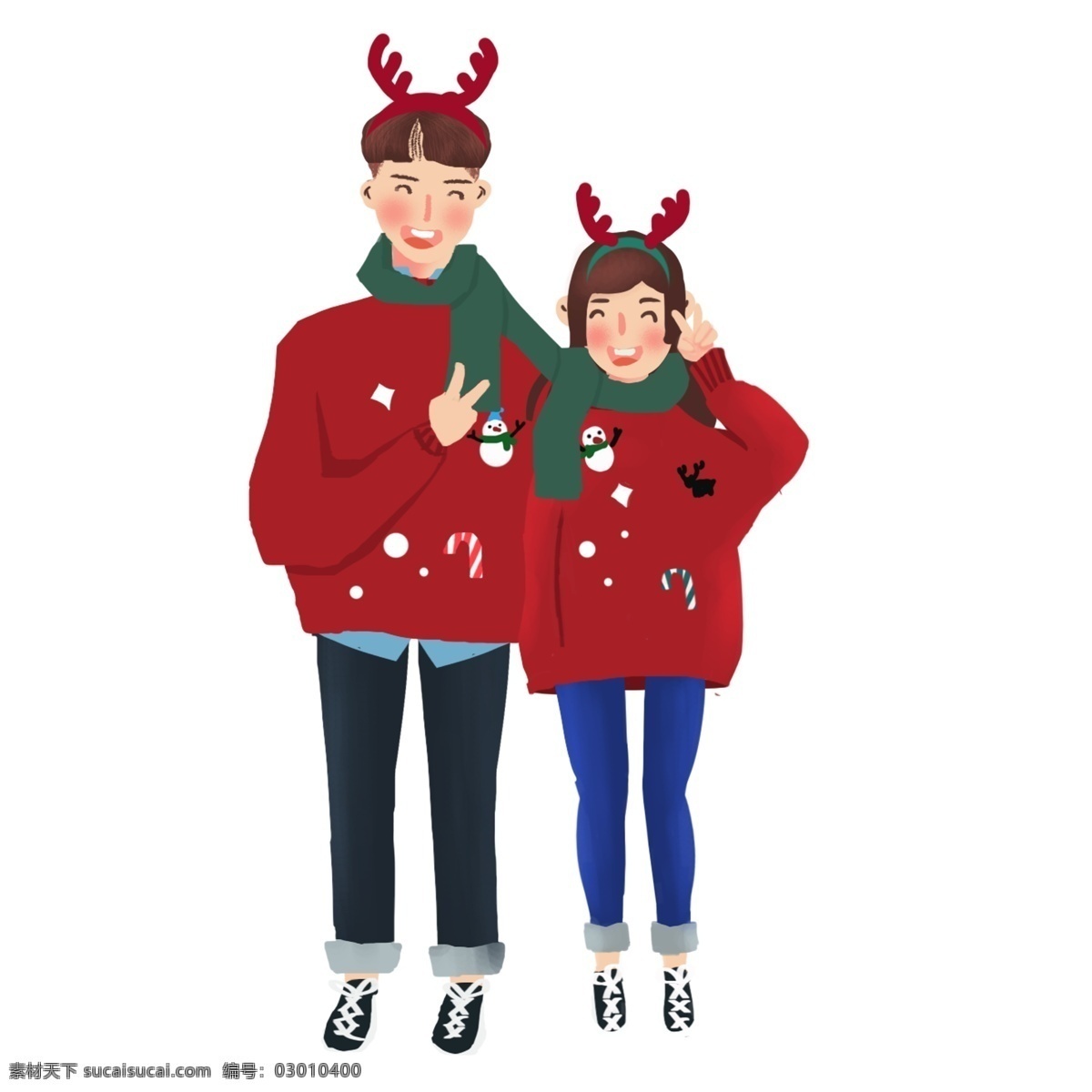 圣诞节 卡通 手绘 暖 系 小 清新 风格 大笑 情侣 卡通手绘 鹿角发卡 围巾 圣诞节装饰 雪人 驯鹿 鹿角