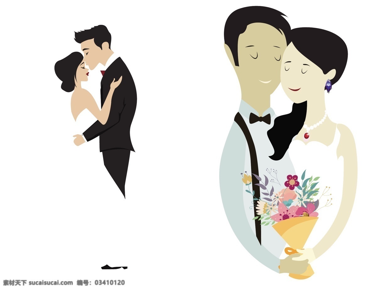 卡通 新郎 新娘 免 抠 矢量图 结婚 新婚典礼 西式礼服 白色婚纱 拜堂 成亲 新郎官 扁平 请柬 喜帖