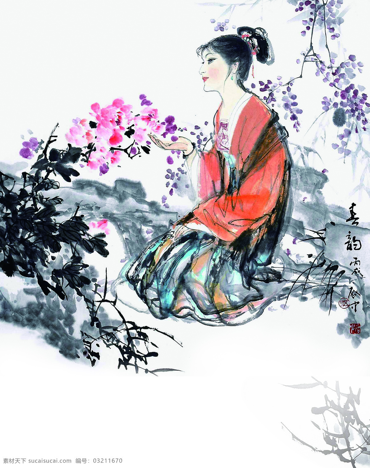 唐代 美女 赏花 中式 古典 装饰画 效果图 背景墙 挂画