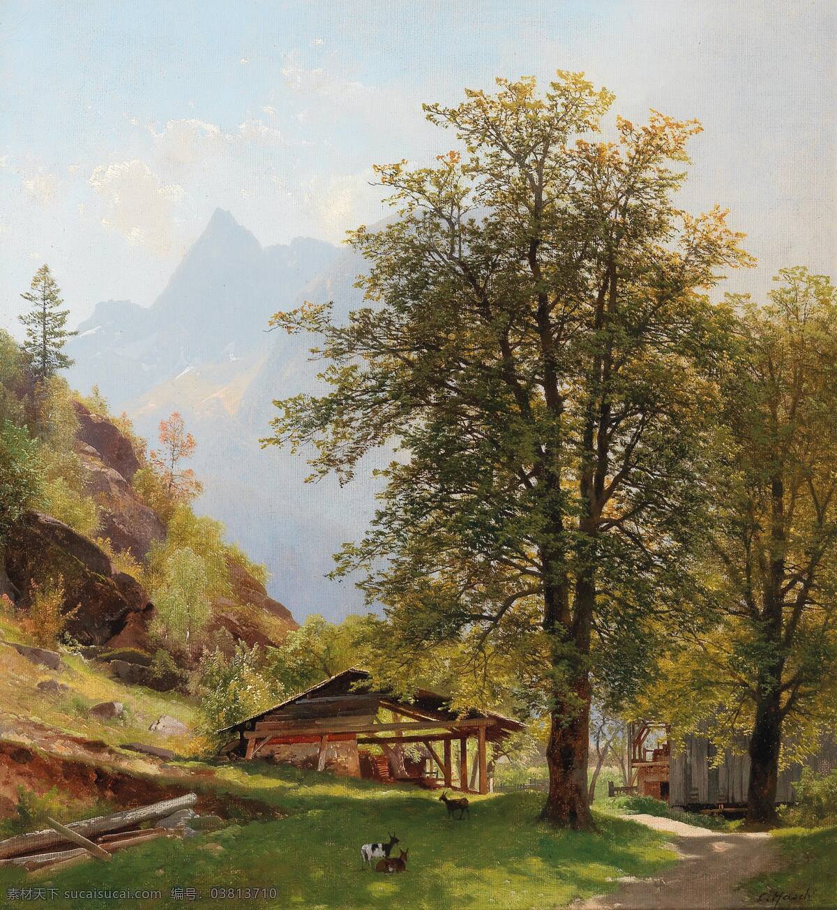 卡尔哈施作品 奥地利画家 乡间的风景 高山 晴天 小牧屋 山羊 草地 19世纪油画 油画 文化艺术 绘画书法