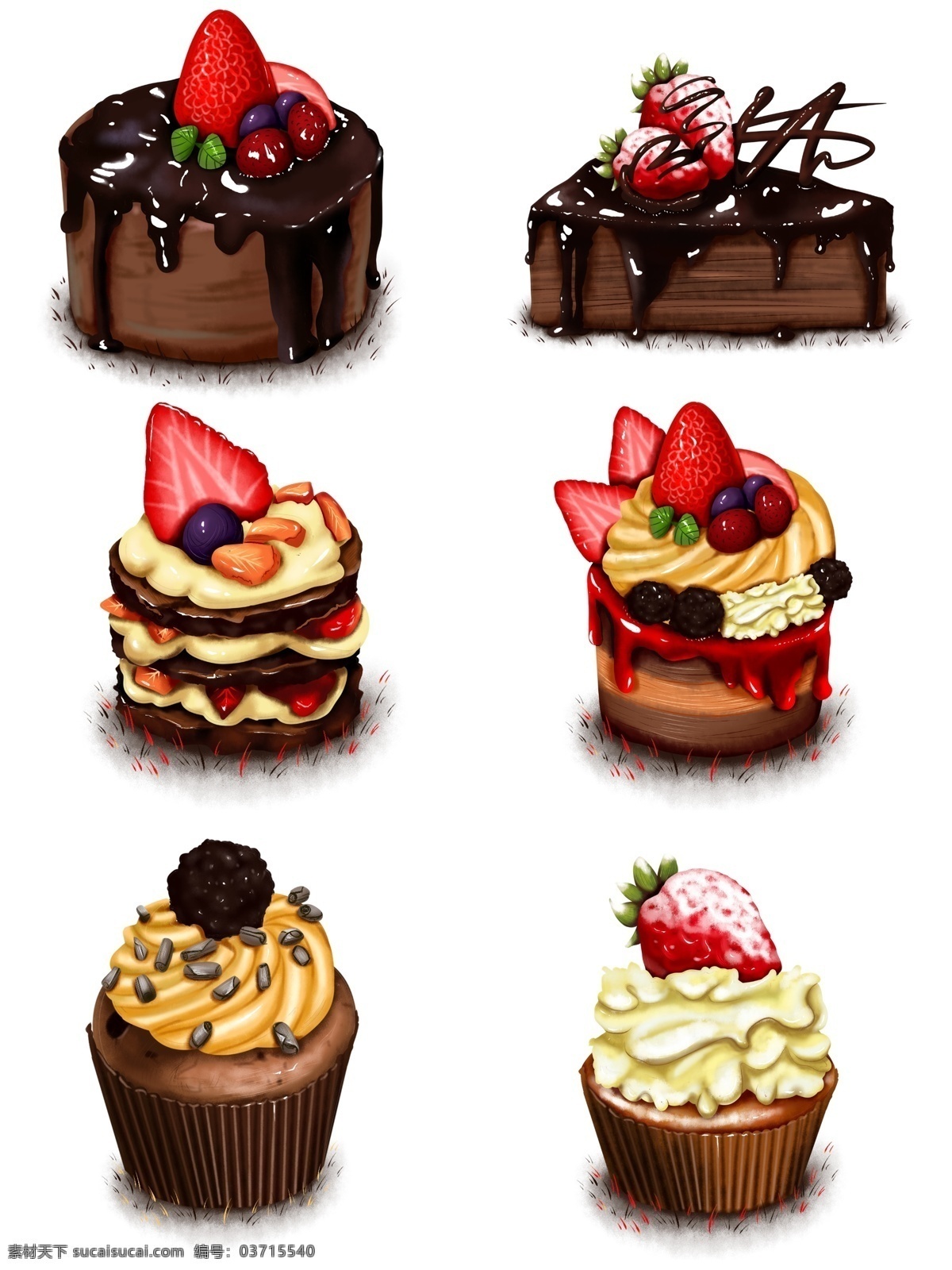 原创 手绘 食物 巧克力 草莓 蓝莓 糖霜 杯子 蛋糕 海报素材 商用 杯子蛋糕 元素 蛋糕组合
