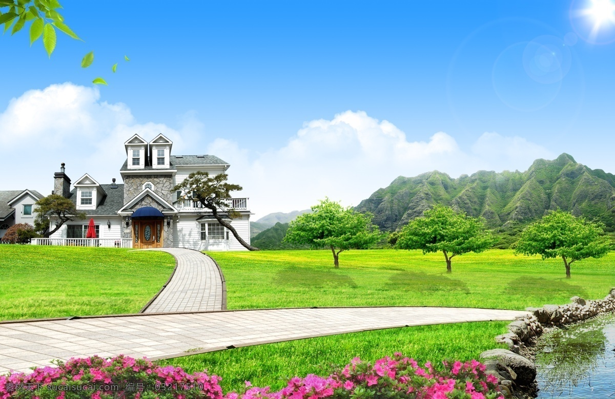 蓝天草地 蓝天白云 草地风景 风景 自然风景 绿色 蓝天 白云 草 绿草地 草地 草原 树 树木 树叶 落叶 山 房子 别墅 公寓 房地产 沟渠 小沟 花 红花 花园 田园 园林 路 道路 背景 展板 模版 宣传栏 海报 环保 清新 春天 空旷 阳光 广告 分层 源文件