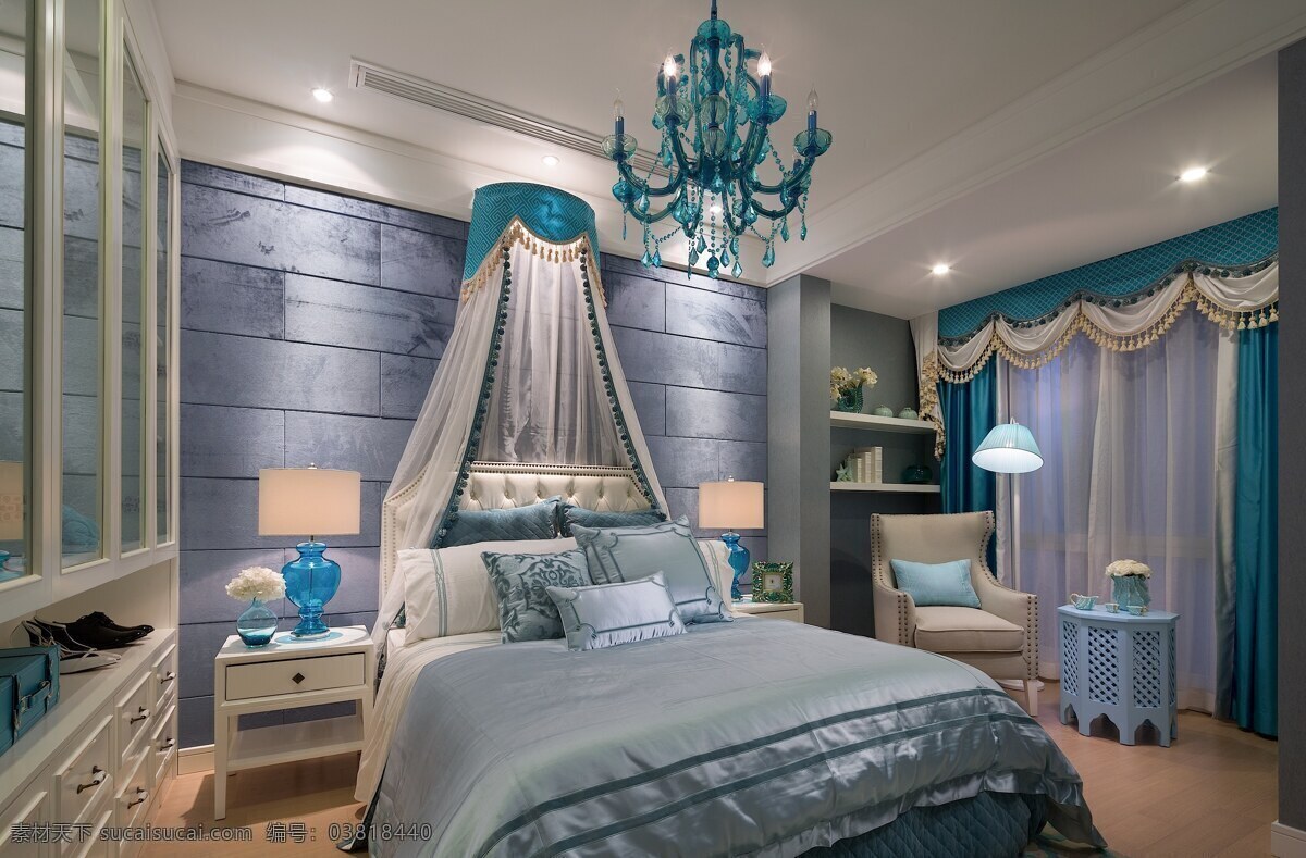 现代 时尚 卧室 蓝色 床罩 室内装修 效果图 卧室装修 浅色地板 宝蓝色吊灯 浅蓝色窗帘