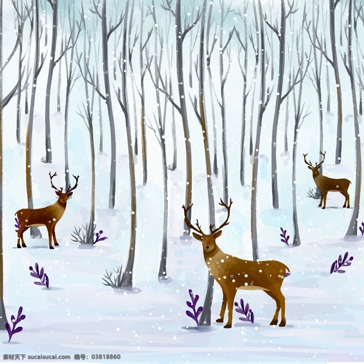 水彩 绘 森林 里 只 驯鹿 矢量图 树林 树木 雪地 动物 冬季 文化艺术 节日庆祝