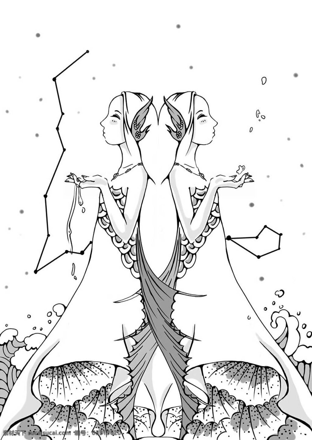 插画 动漫动画 动漫人物 女孩 双鱼 双鱼座 线描 设计素材 模板下载 星座 鱼 星空 卡通组图 插画集