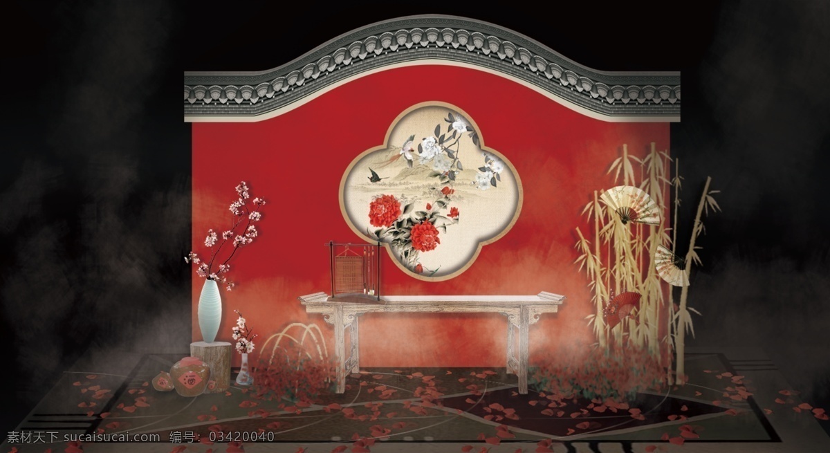 喜庆 婚礼 甜品 区 效果图 甜品台 红色中式 婚礼舞台