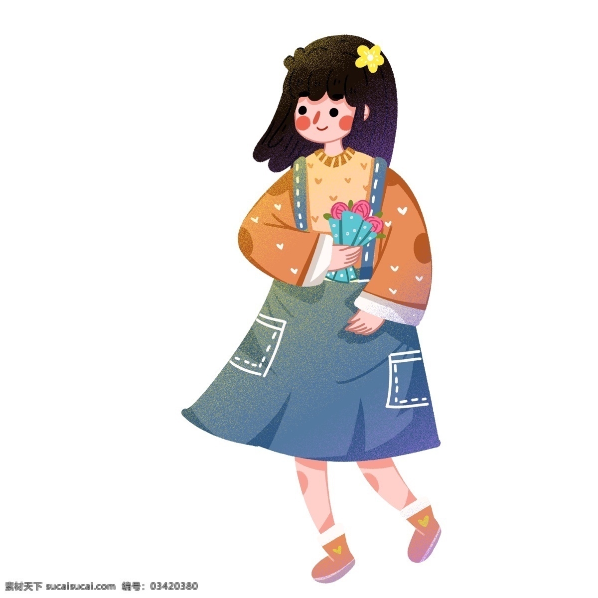 卡通 可爱 束 花 女孩子 女孩 人物 插画 一束花 少女 背带裤 小清新