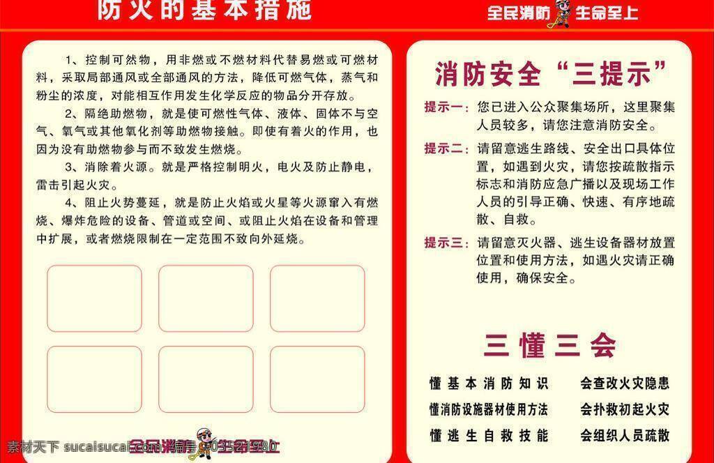 消防 安全 宣传栏 展板模板 防火 基本 措施 三 提示 三懂三会 矢量 其他展板设计