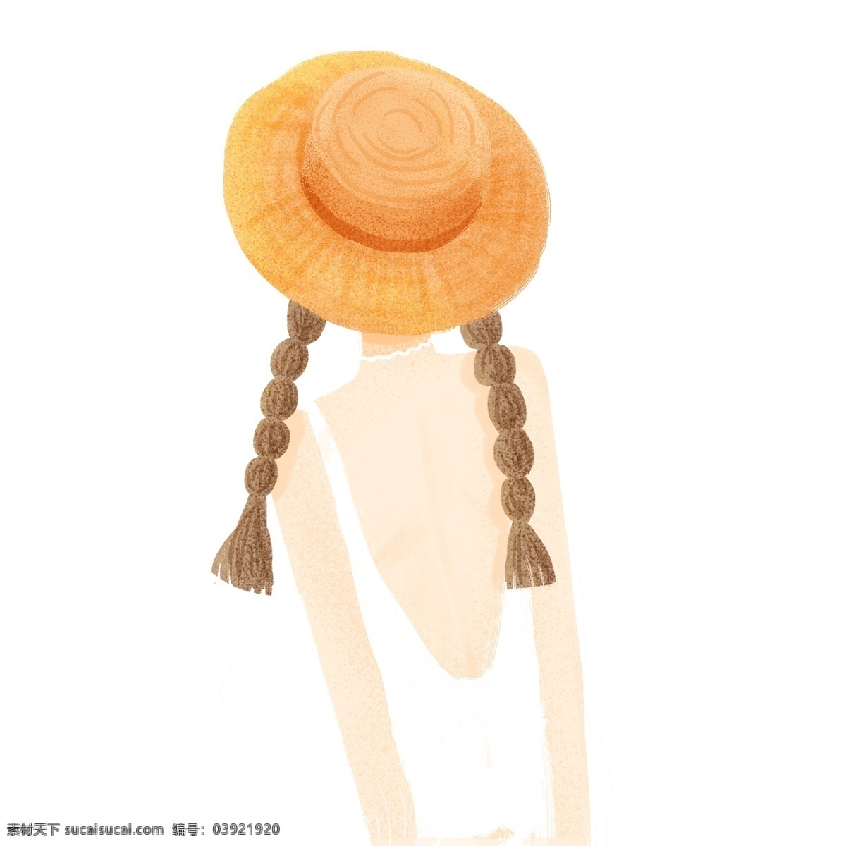 清新 一个 女孩 人物 背影 文艺 可爱 插画 草帽 麻花辫