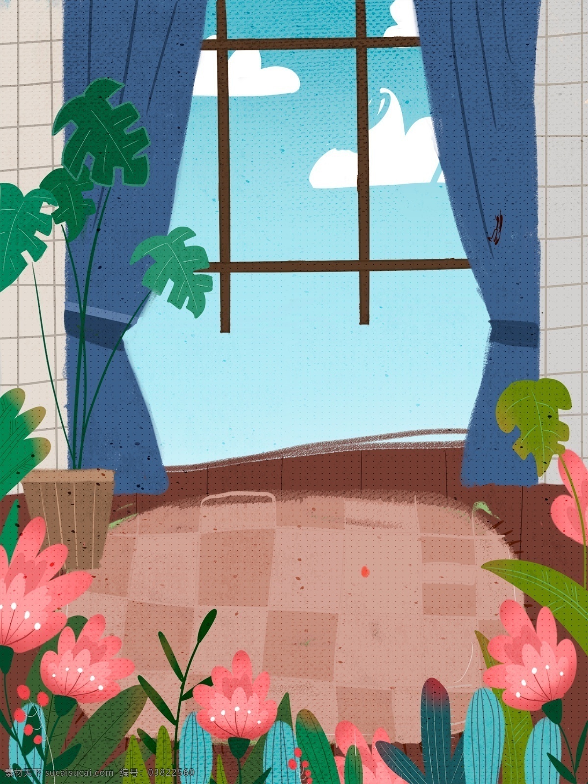 春季 家居 花丛 背景 绿叶 盆栽 清新 窗户 室内 广告背景 手绘背景 背景展板图