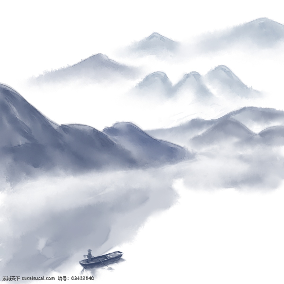 中国 风 水墨 山水 中国风 重山 峻岭 流水 小船 分层