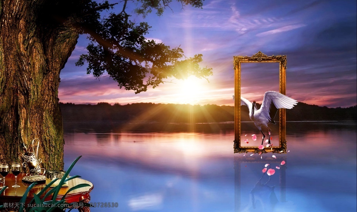 房产 水岸 广告 湖 树 餐桌 红酒 相框 仙鹤 阳光 太阳 花瓣 分层