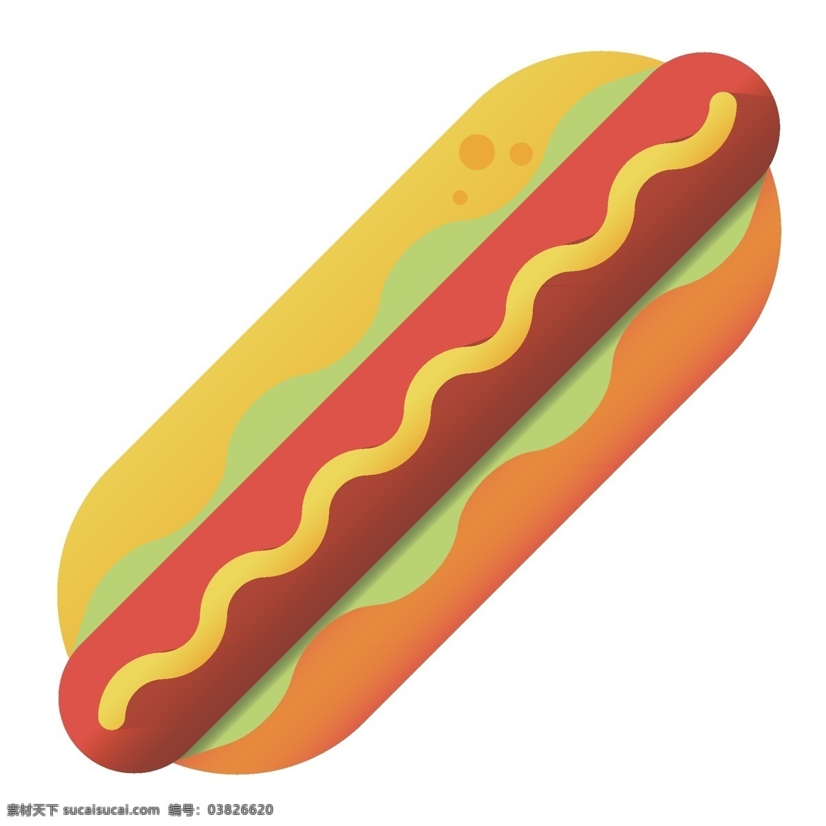 夹心 热狗 图案 插图 红色香肠 长长的香肠 黄色面包 黄色酱料 绿色蔬菜 有机蔬菜 好吃的热狗 美丽的热狗