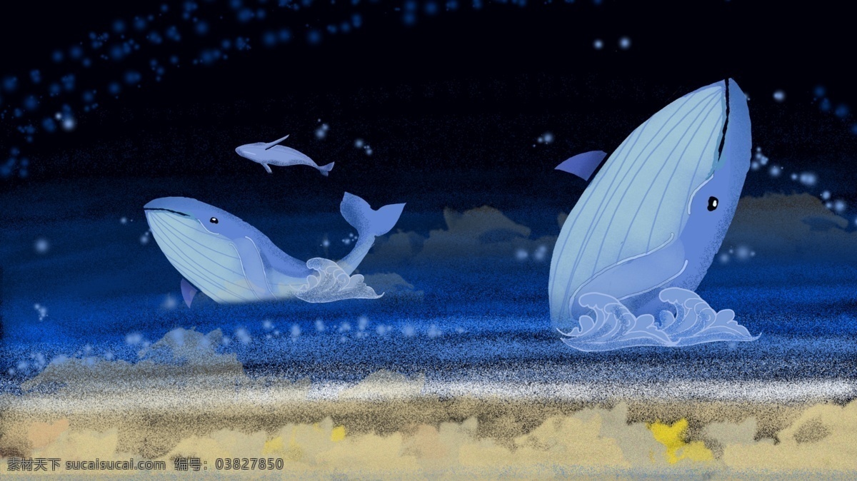 原创 插画 治愈 系 深海 遇 鲸 大海 蓝色 星空 梦幻 唯美 鲸鱼 夜晚 云朵 配图 手机壁纸