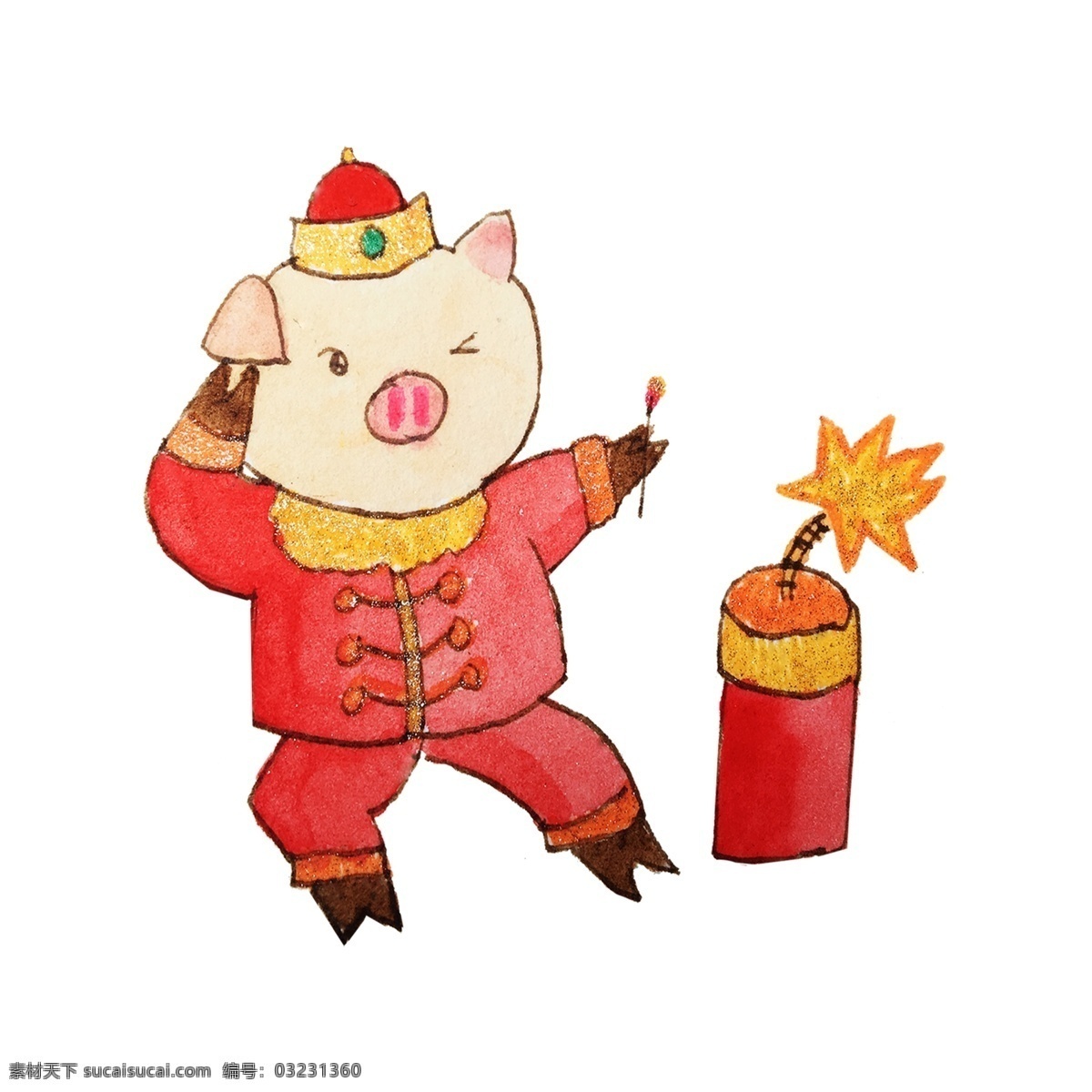 手绘 红色 小 猪 点 爆竹 商用 放炮 捂耳朵 火苗 猪猪 点爆竹