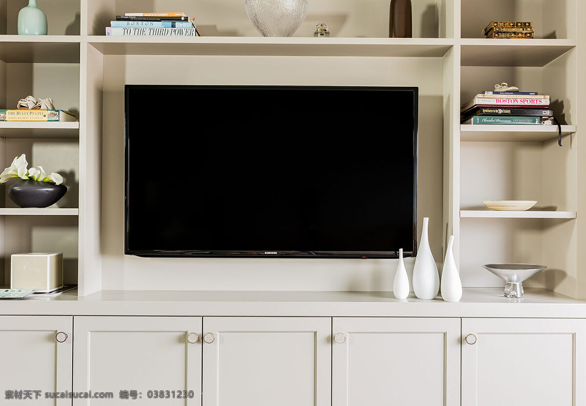 简约 客厅 电视 背景 装修 效果图 白色灯光 白色置物柜 电视机 置物柜