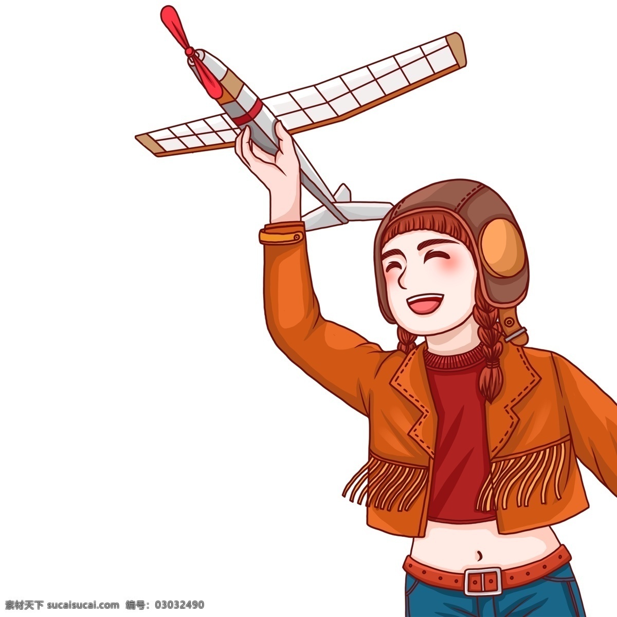 卡通 彩绘 飞机 少女 人物 彩色 女生