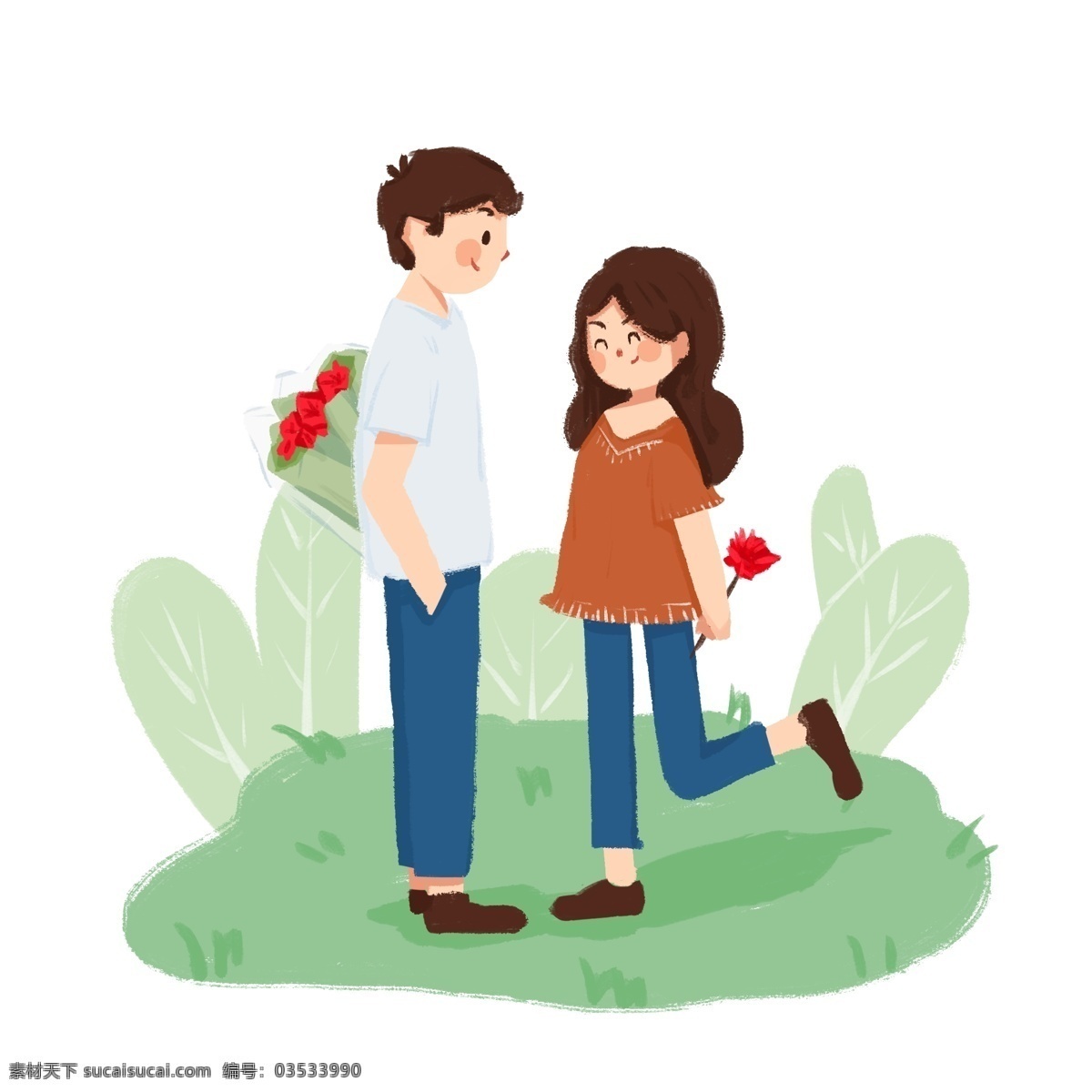 情人节 公园 插画 红色的花朵 卡通插画 情人节快乐 漂亮的花束 绿色的草丛 手绘