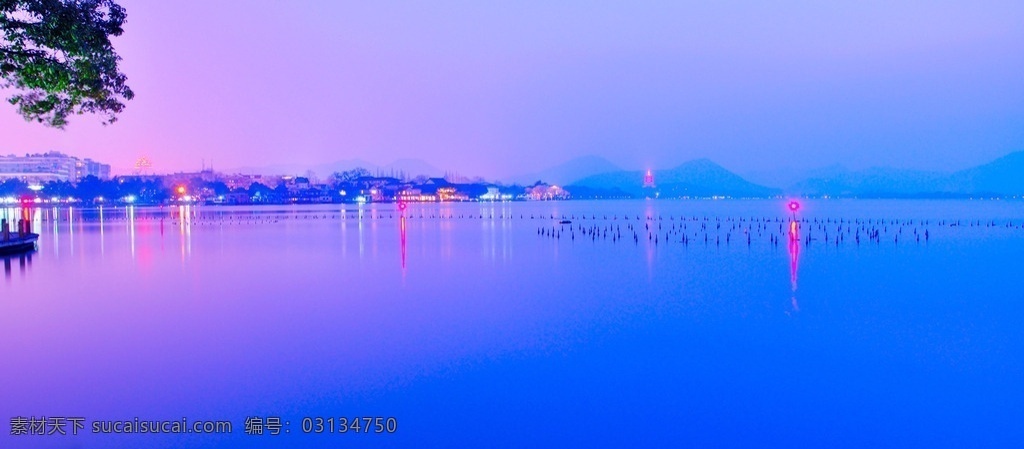 西湖美景 西湖 夜幕 霓虹 湖光 美景 灯光 蓝色的湖 灯光倒影 杭州 湖面 水面 自然景观 山水风景
