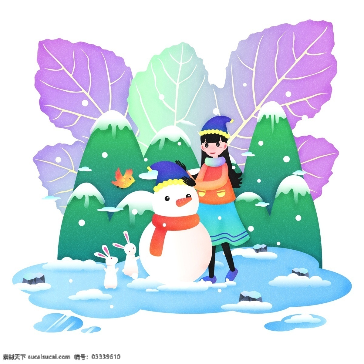 二十四节气 小雪 女孩 堆 雪人 原创 商用 元素 雪景 雪花 兔子 鸟 人物 24节气 下雪 雪天 赏雪 卡通形象