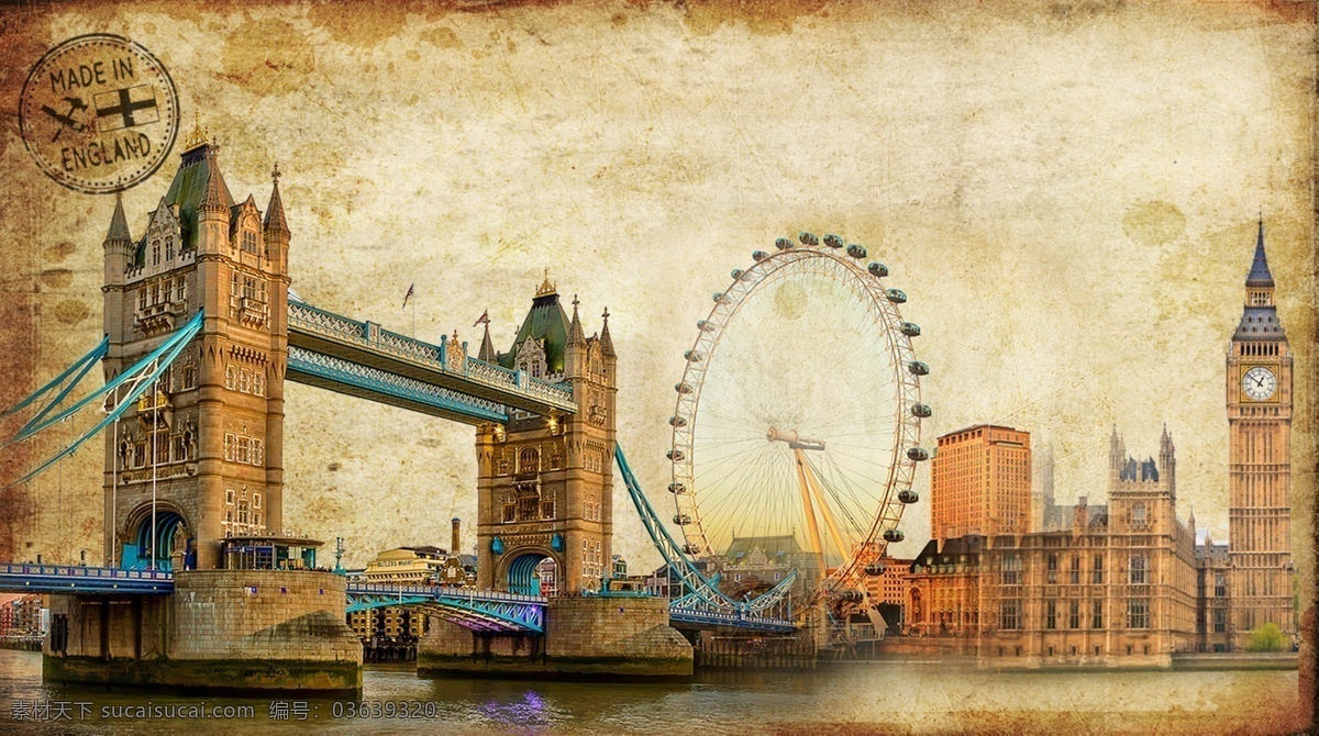 英国 塔桥 伦敦眼 大本钟 复古 怀旧 建筑 牛皮纸 背景 伦敦 河流 邮戳 旅游 必玩 psd源文件 分层 源文件