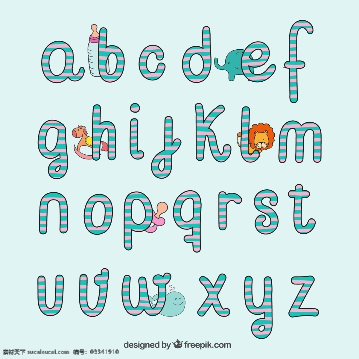 婴儿 风格 小写 英文 字母 矢量 26个 英文字母 矢量素材 彩色 线条 灰色