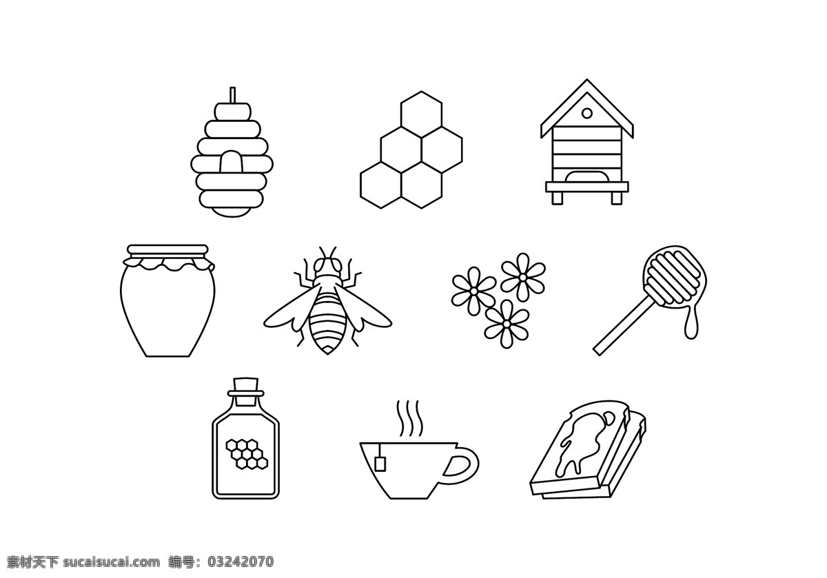 手绘 线性 蜂蜜 图标 蜂蜜图标 图标设计 矢量素材 蜜蜂 蜜糖 杯子