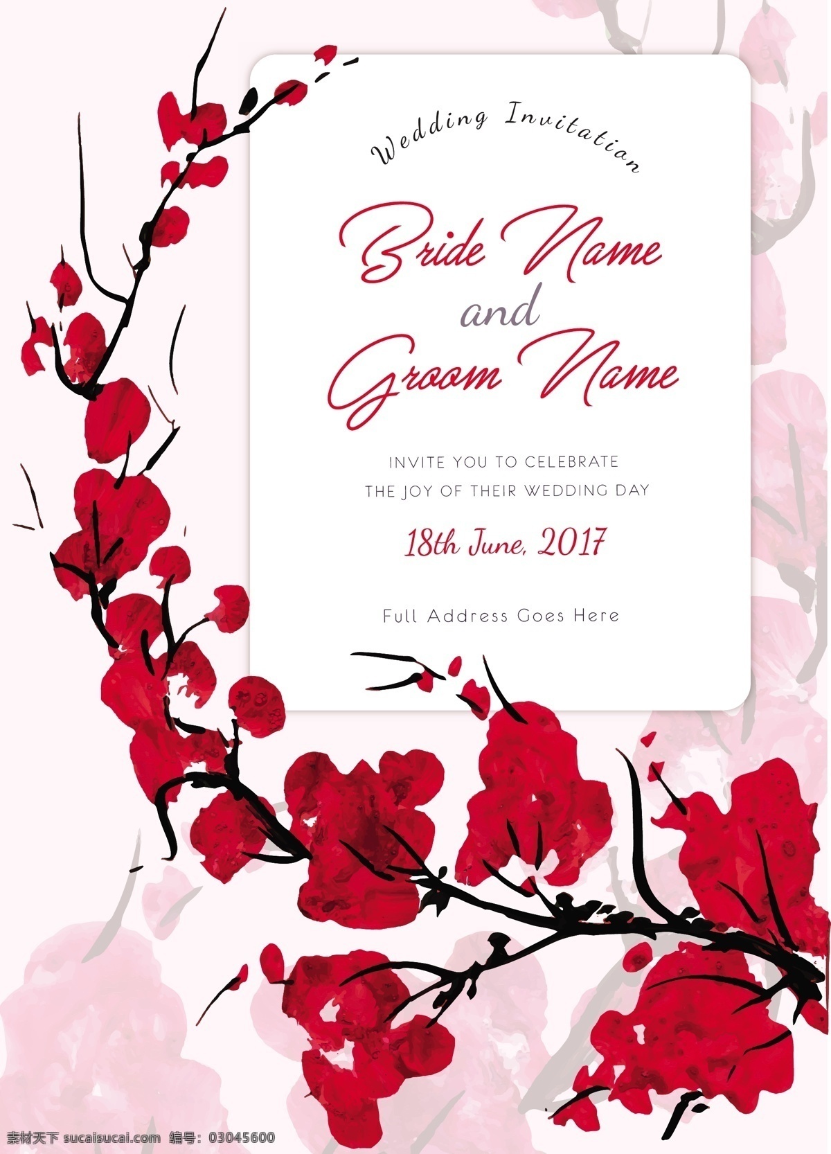 手绘 红花 婚礼 邀请 卡 邀请卡 浪漫 贺卡