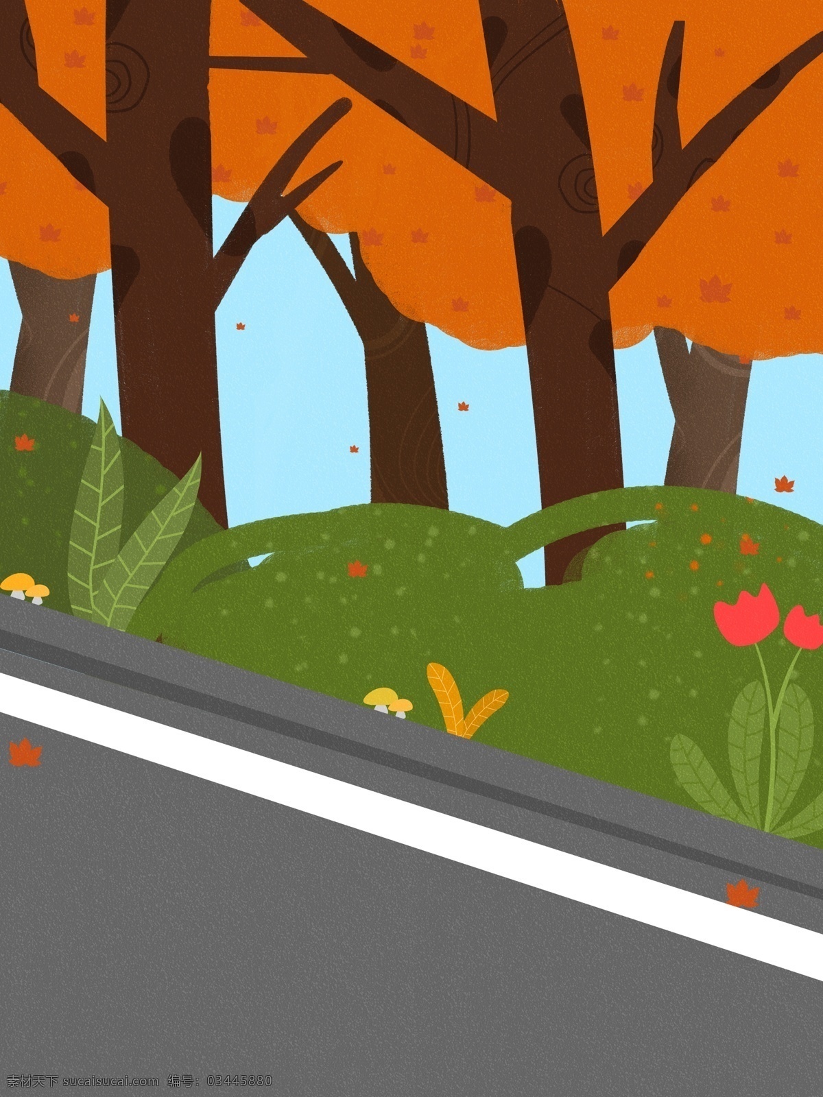 手绘 公路 旁 路林 背景 树林 清新 广告背景 背景图 花丛 春季 背景设计 通用背景 psd背景 背景展板 促销背景 背景展板图