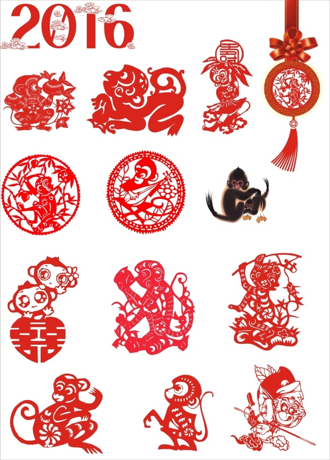 猴子 剪贴 画 剪贴画 剪纸 2016 中国结 红色 矢量图 可编辑 白色