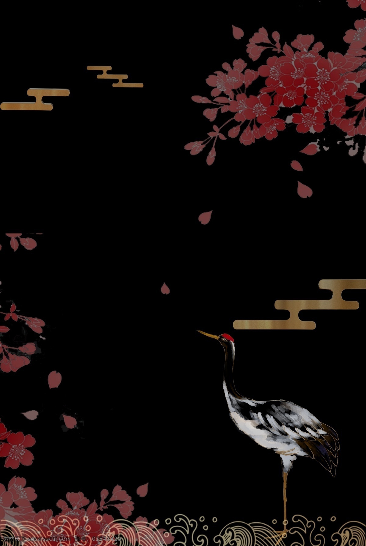 日式 和风 红色 花卉 背景 重阳节 仙鹤
