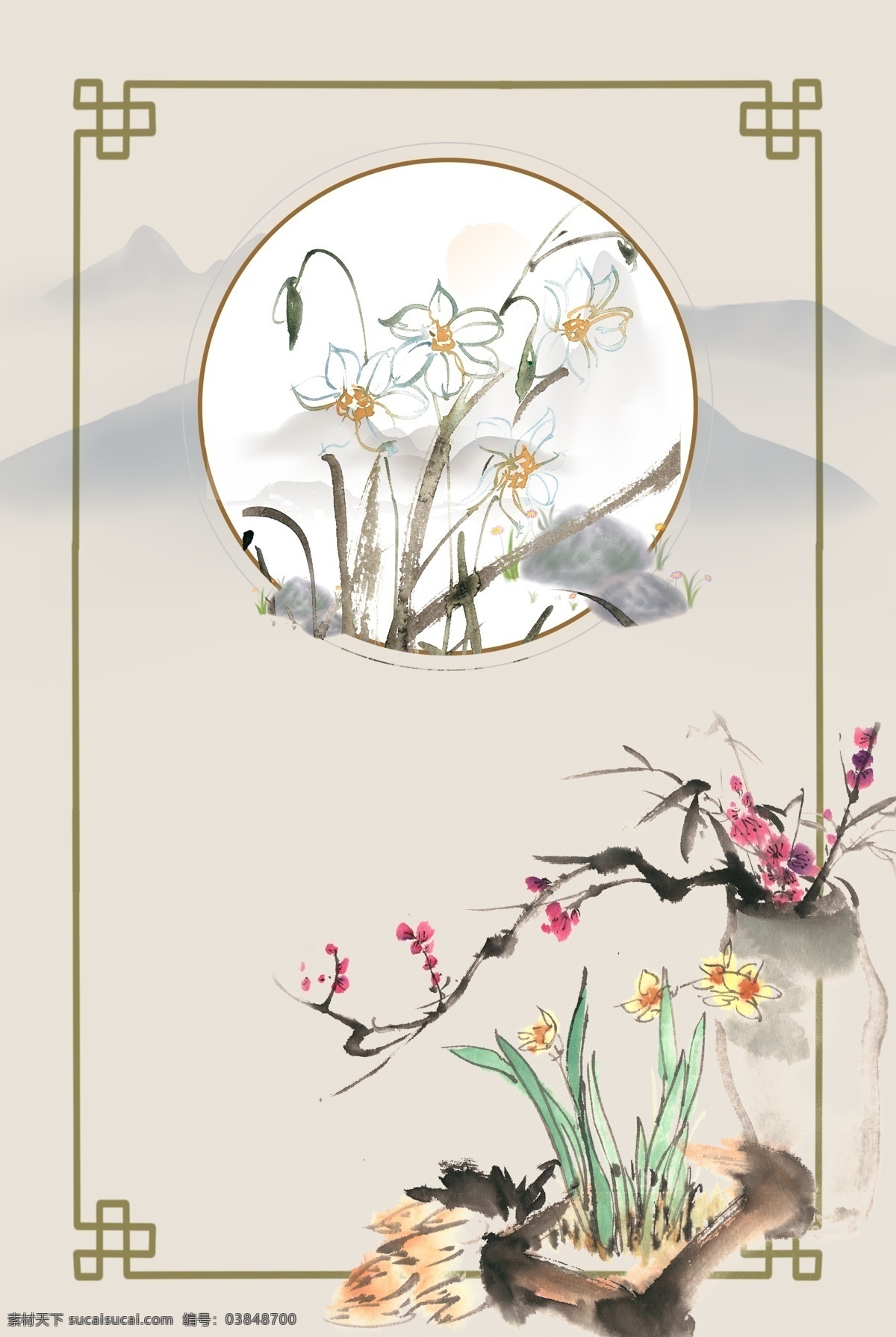 中国 风 古典 水仙 背景 中国风 唯美 水仙花 上新 花朵 古风 绿色 清新 边框