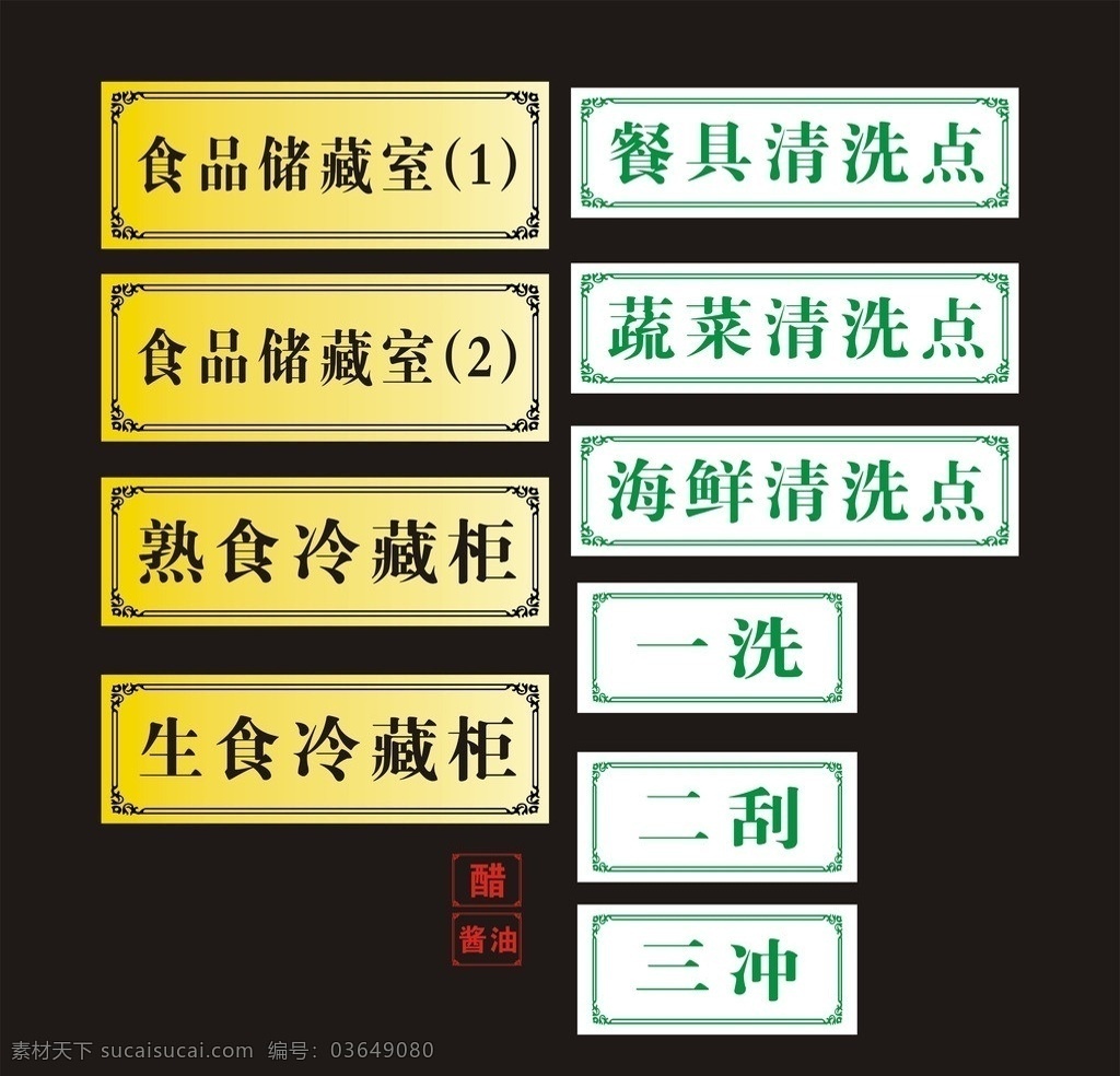 食品储藏室 餐具清洗点 科室牌 花边 边框 花纹 生食冷藏柜 海鲜清洗点 矢量文件 矢量