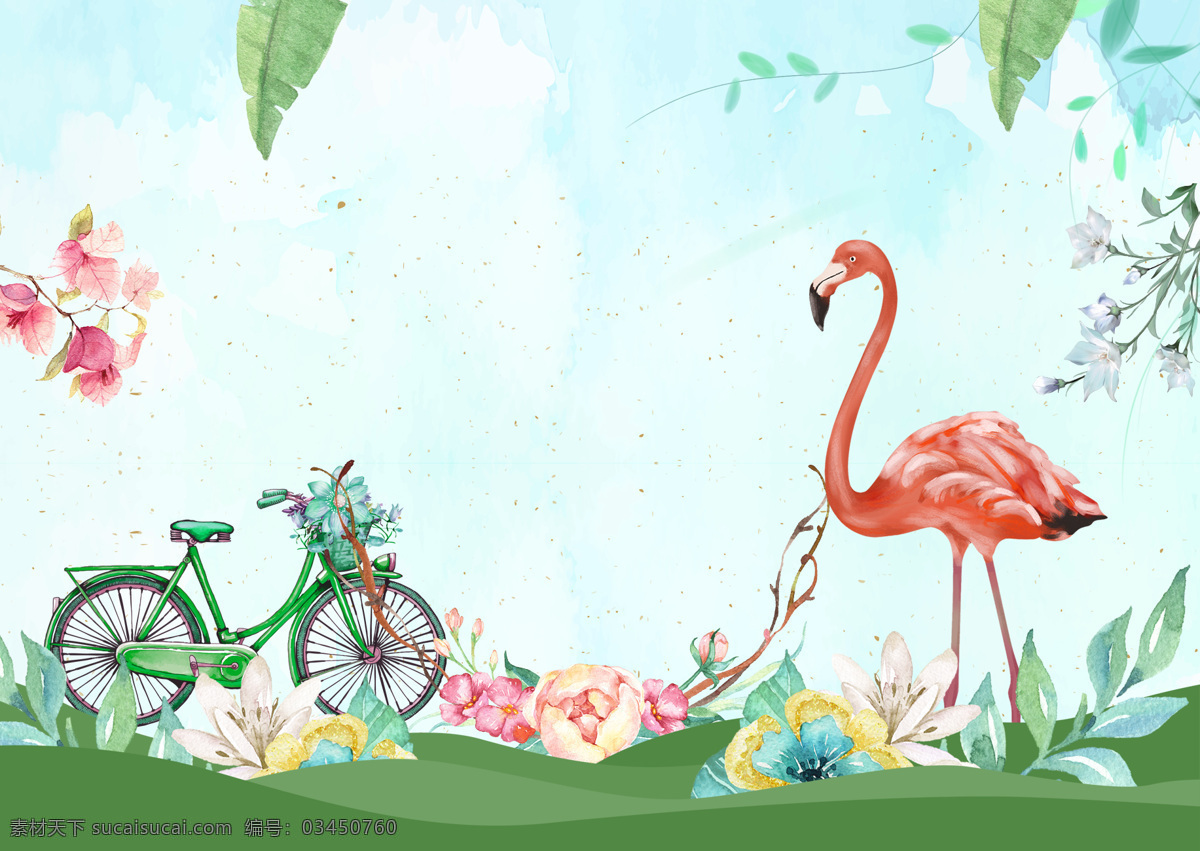 绿色 卡通 春天 踏青 背景 自行车 花朵 叶子 手绘 火烈鸟 春季