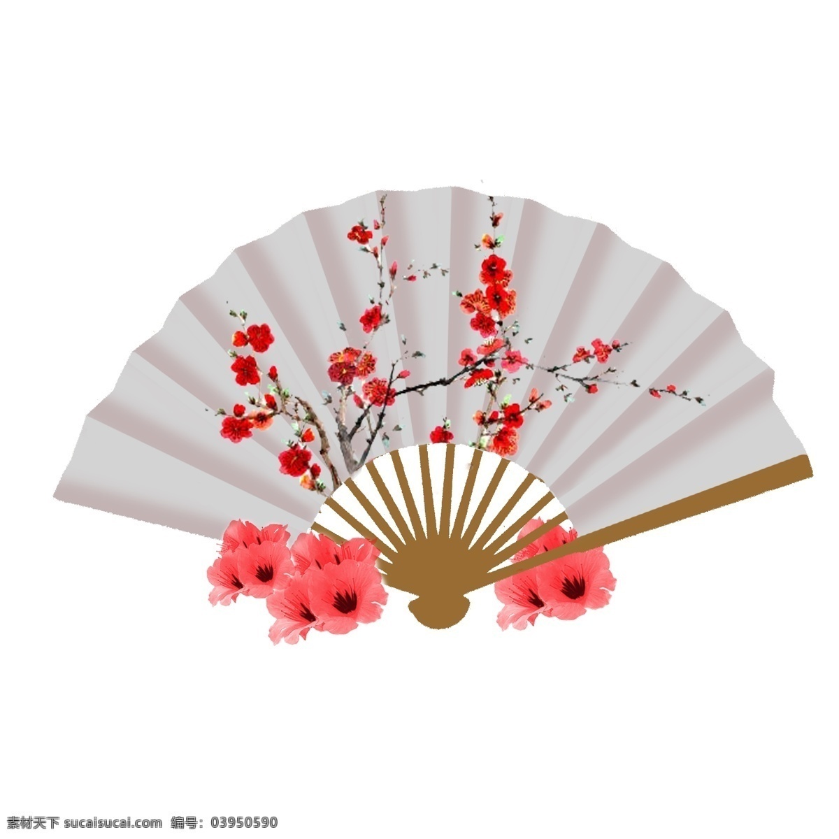 手绘 中国 风 梅花 折扇 植物 花朵 红色 中国风 装饰 一枝梅 白色 可商用