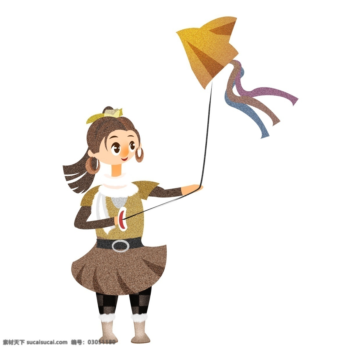冬季 放风筝 女孩 手绘 噪 点 卡通 创意 插画 psd设计