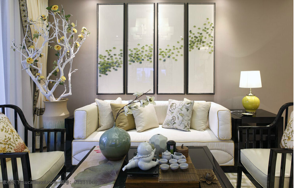 中国 风 客厅 木质 茶几 装修 效果图 白色灯光 灰色窗帘 灰色墙壁 屏风 浅色地板砖 台灯