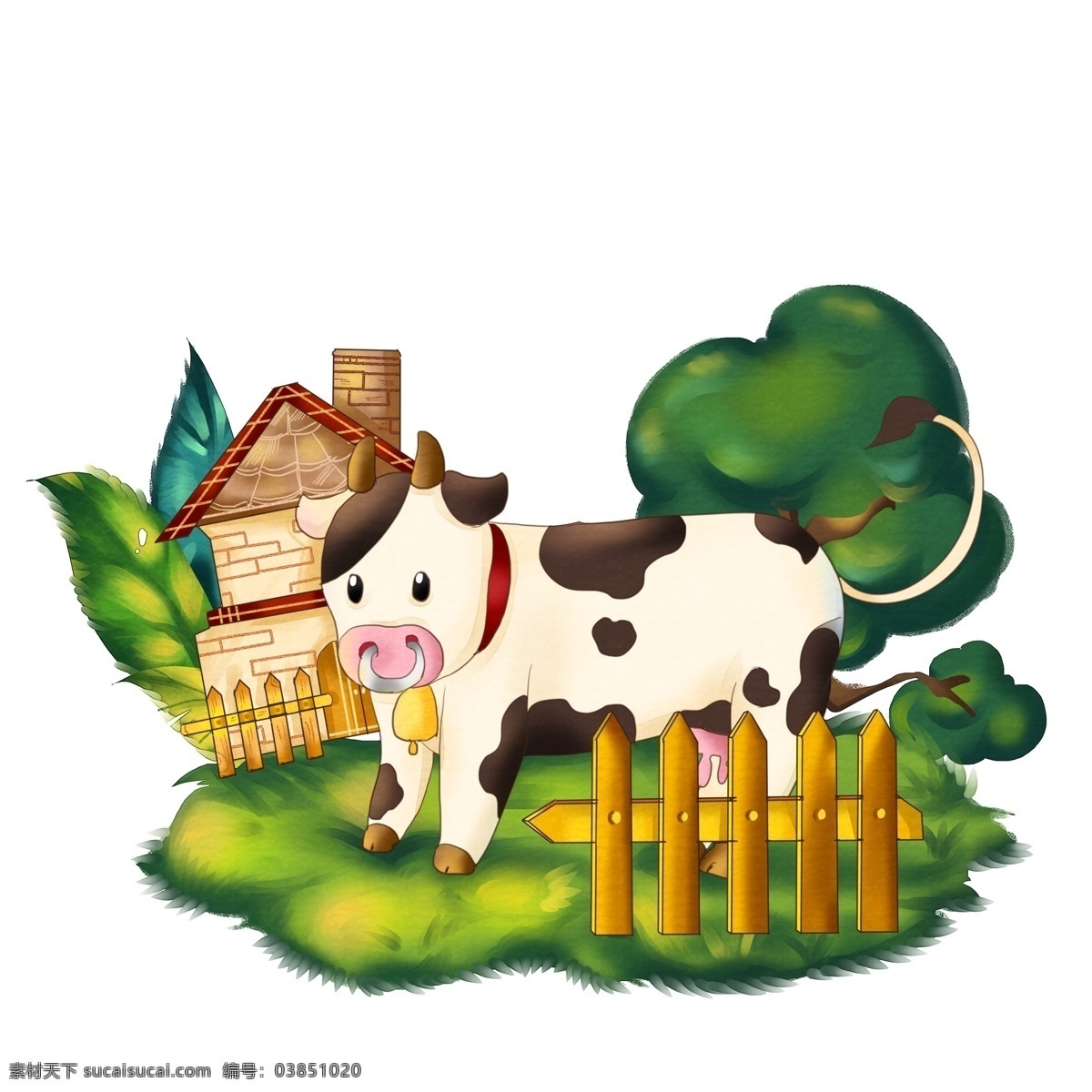 商用 卡通 牧场 牛 元素 手绘 奶牛 可爱 树 栅栏 漂浮素材 牧场卡通牛