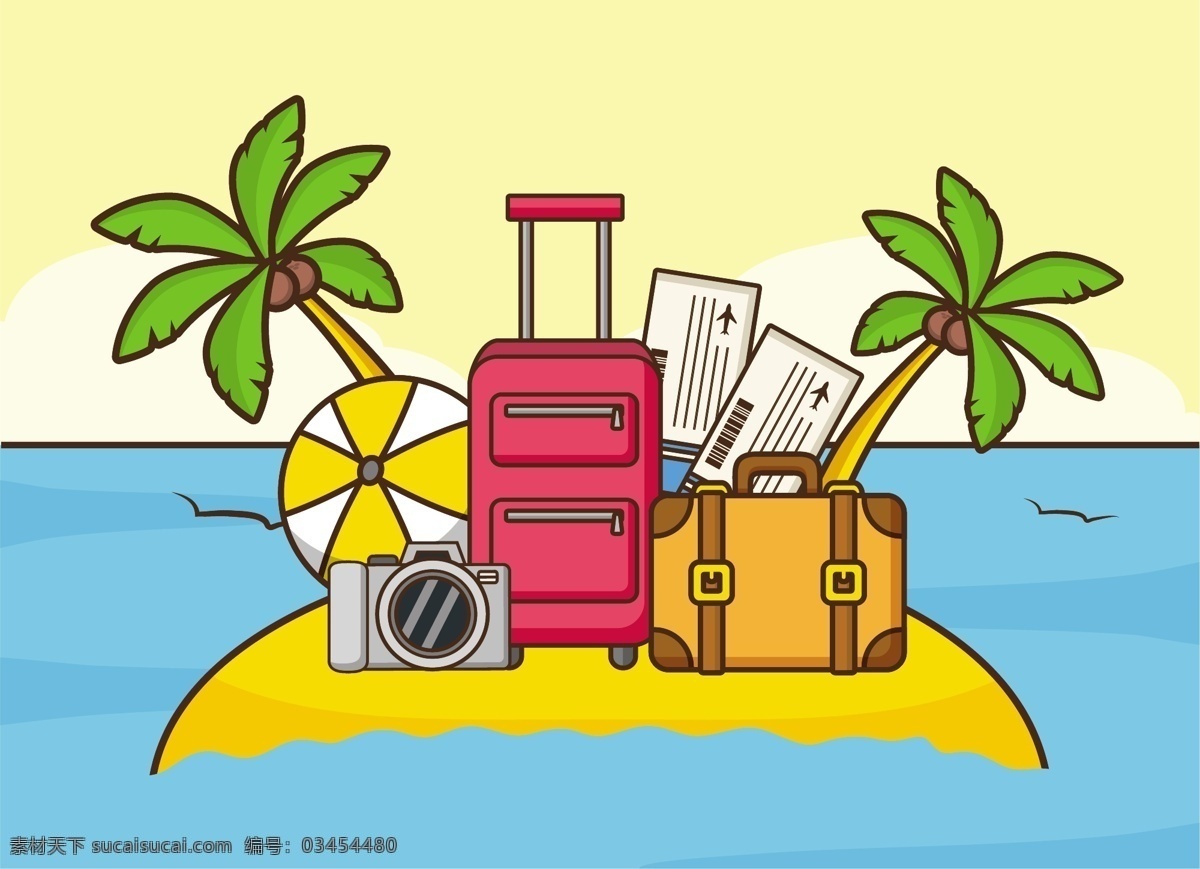 夏日旅行素材 夏日 卡通 旅行 行李箱包包 相机 椰子树 海洋 球 缤纷 飞机票 卡通设计