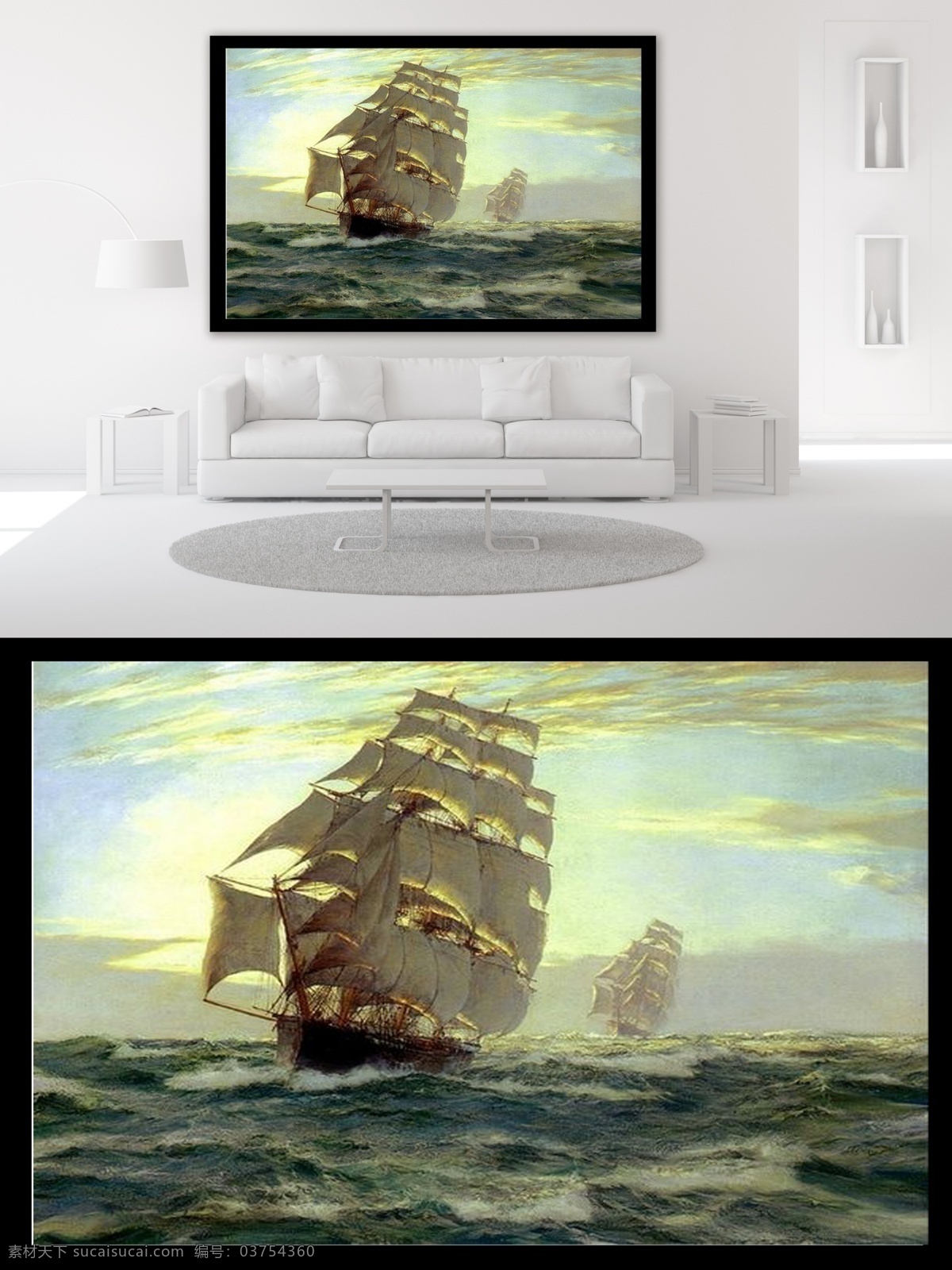 海中 帆船 油画 风景 装饰画 唯美 简约 意境 大海 海浪 阳光