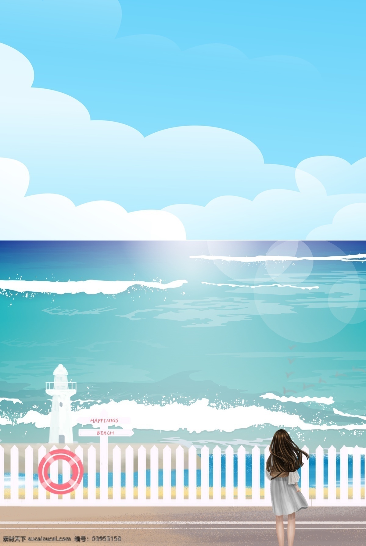 创意 海景 自然风光 合成 背景 自然风景 风景 海边 围栏 女孩 卡通